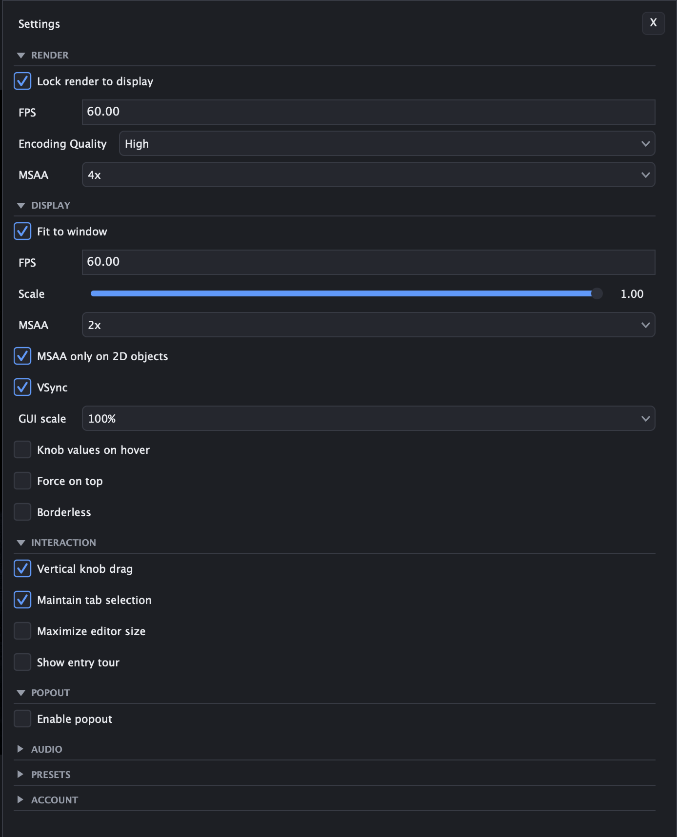 Render and display settings