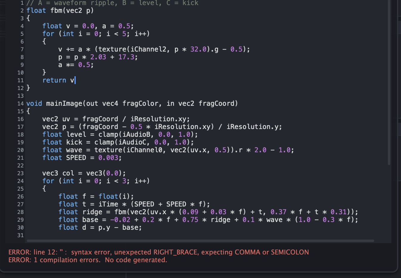 The shader editor with an error